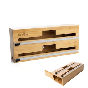 DECOMIL - 2 in 1 Plastic Wrap Dispenser with Cutter | Foil and Plastic Wrap Organizer | Aluminum Foil Dispenser| Bamboo