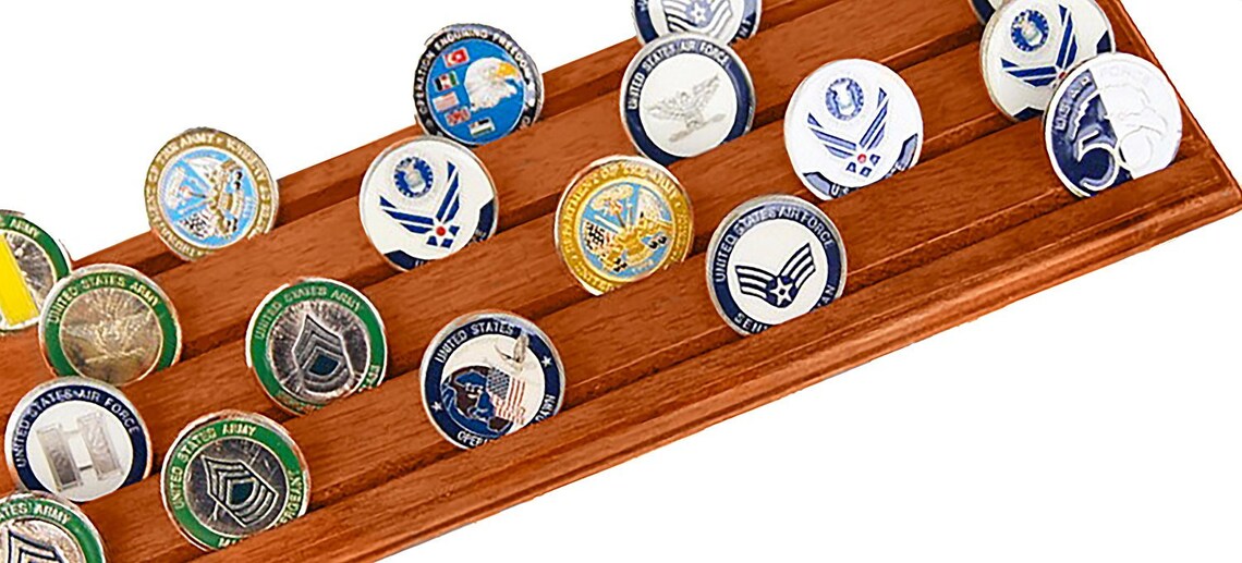 DECOMIL Military Challenge Coin Holder Stand - Walnut Wood 4-Rack Display For 40 Coins
