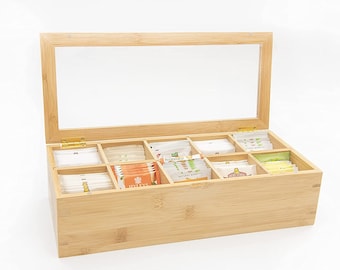DECOMIL – Box for Tea Bags, Bamboo Tea Bag Organizer, Storage box, For Cabinets or Countertop, 10-Compartment Tea Box