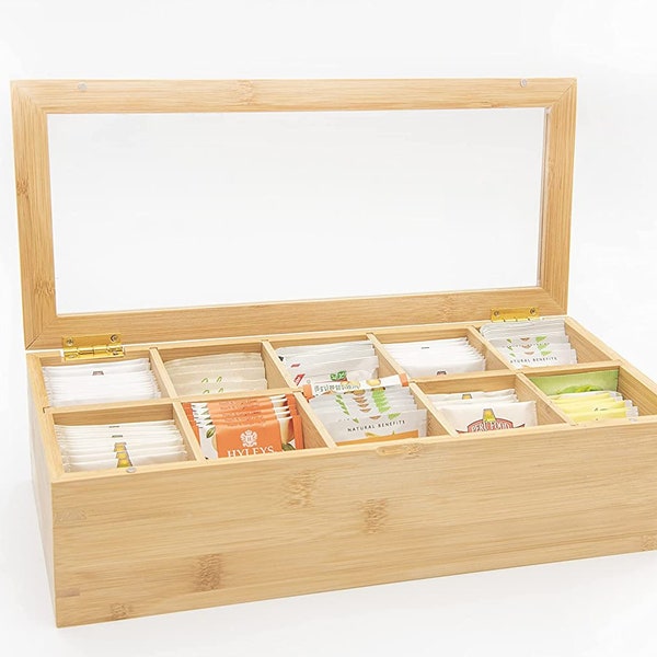 DECOMIL – Box for Tea Bags, Bamboo Tea Bag Organizer, Storage box, For Cabinets or Countertop, 10-Compartment Tea Box