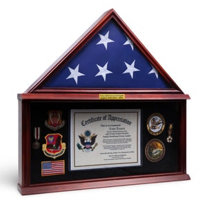 DECOMIL - Large Military Shadow Box  Memorial Burial Funeral Flag Display Case for 5x9 Flag, Solid Wood with Customize Name Plate