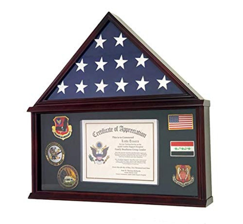 Solid Wood Cherry Large Military Shadow Box Frame Memorial Burial Funeral Flag Display Case for 5/' X 9.5/' Flag