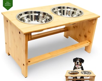 Bamboo Dog Bowl Stand, Stainless Steel Bowls, Medium Size