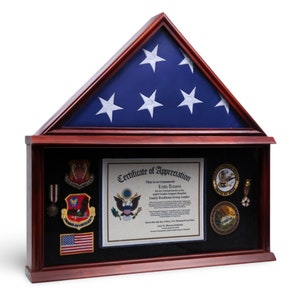 DECOMIL - Large Military Shadow Box Frame Memorial Burial Funeral Flag Display Case for 5x9 Flag, Solid Wood with Armed Forces Emblems