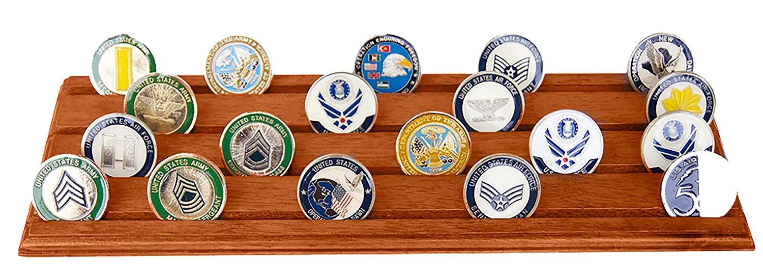 DECOMIL Military Challenge Coin Holder Stand - Walnut Wood 4-Rack Display For 40 Coins