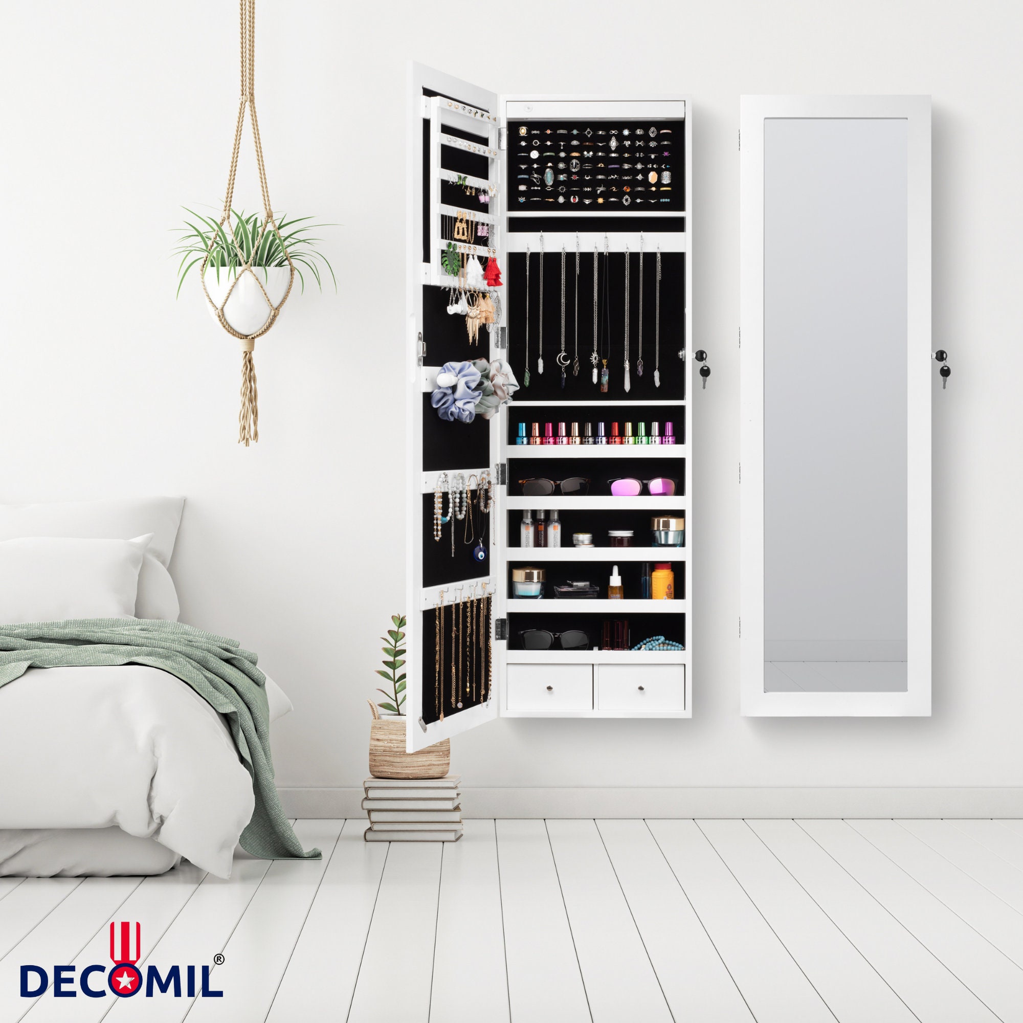 Joyero LED con espejo, organizador de pared/puerta con cerradura - Etsy  México, image size:2000x2000