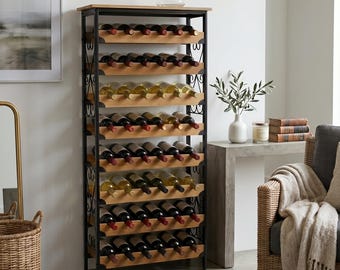 48 Bottle Bamboo Metal Wine Rack, Freestanding Floor Wine Holder, Kitchen Decor