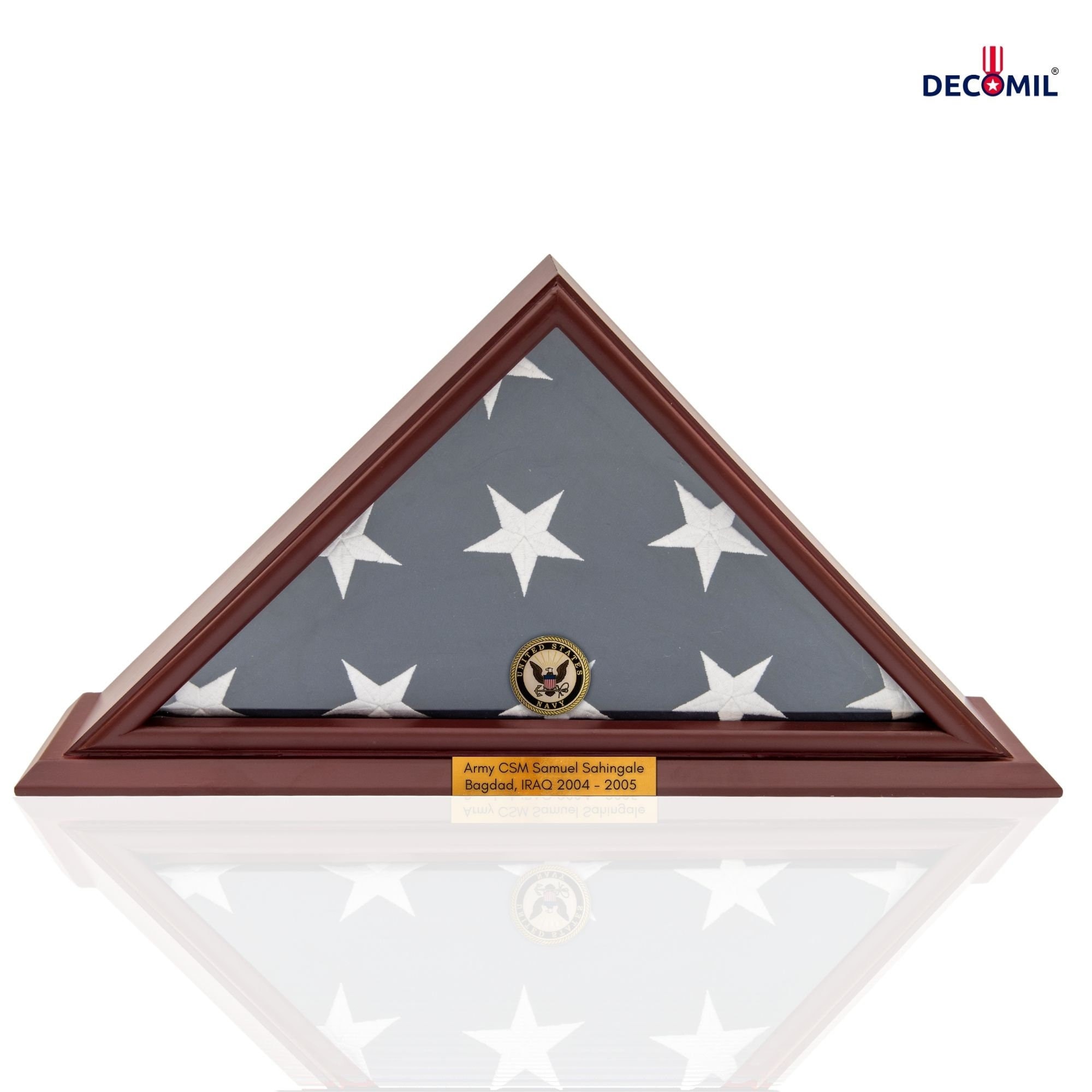 DECOMIL 5'x9' Flag Display Case for American Veteran Burial Flag - Solid Wood, Cherry Finish - Small Base - Navy