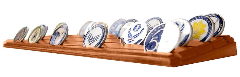 DECOMIL Military Challenge Coin Holder Stand - Walnut Wood 4-Rack Display For 40 Coins