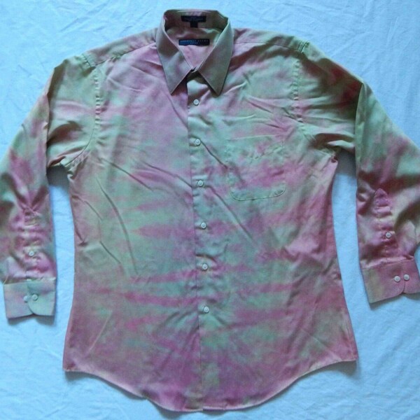 Tie Dye Pink Striped Long Sleeve Button Down Dress Shirt - Large Mens Hand Made