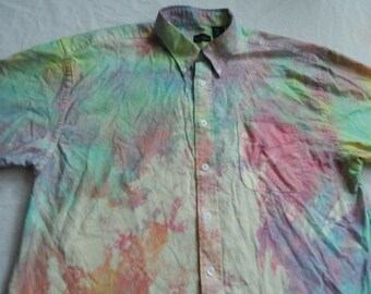 Tie Dye Rainbow Short Sleeve Button Down Shirt - XL Tall Mens Hand Made XLT Yellow