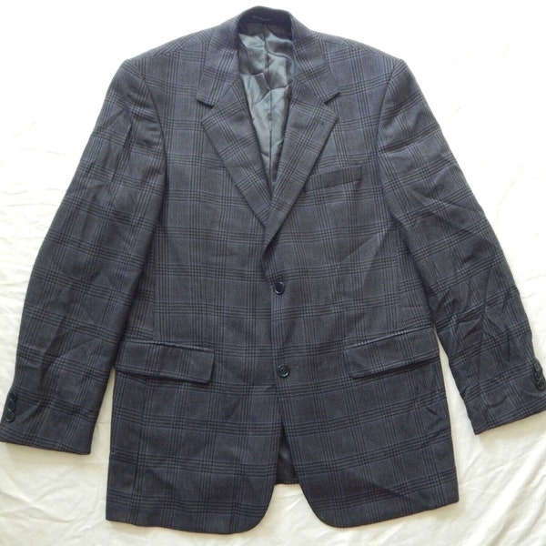 Houndstooth Plaid Blue Black Wool Suit Coat Blazer Jacket - 40 L Mens RBM