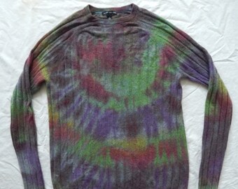 Pure Cashmere Tie Dye Green Purple Gray Crew Sweater - XL Mens Hand Made
