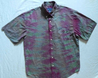 Tie Dye Gray Pink Purple Striped Short Sleeve Button Down Shirt - Medium Mens Hand Made Psychedelic