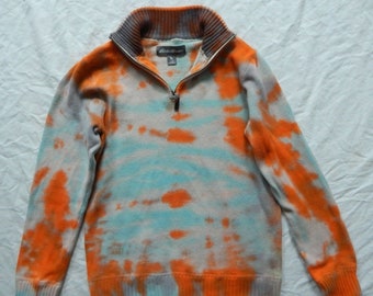 Tie Dye Blue Orange Gray Striped Half Zip Pullover Sweater - Small Mens Cotton Hand Made