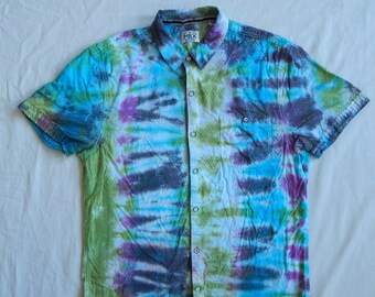 Tie Dye Blue Purple Striped Short Sleeve Button Up Shirt - Medium Mens Hand Made