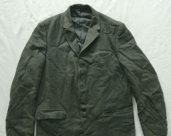 Einfarbiger grüner Sportmantel mit Fischgrätenmuster und schwarzer Jacke – Wolle 40R Medium Vtg