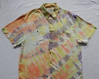 Tie Dye Yellow Orange Short Sleeve Button Up Shirt - Large Mens Hand Made Rayon