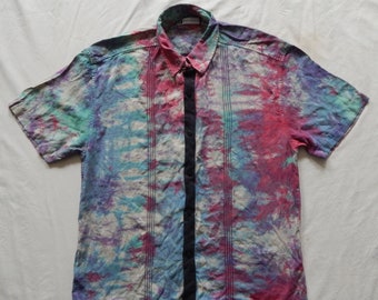 Silk Tie Dye Red Blue Striped Short Sleeve Button Up Shirt Medium Mens Hand Made Psychedelic