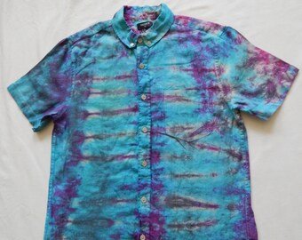 Tie Dye Blue Purple Linen Short Sleeve Button Down Shirt - XS Mens Psychedelic