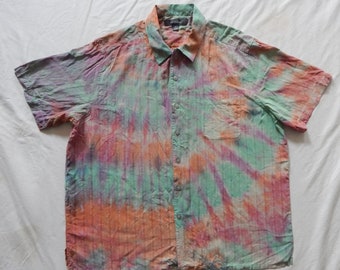 Silk Tie Dye Green Purple Orange Short Sleeve Button Up Shirt XL Mens Hand Made