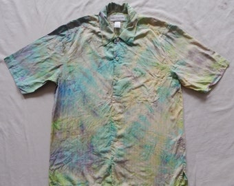 Silk Green Blue Tie Dye Short Sleeve Camp Shirt - Medium Mens Hand Made Psychedelic