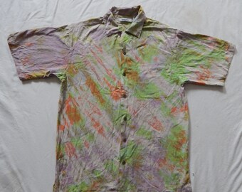 Silk Green Orange Tie Dye Striped Short Sleeve Shirt - Small Mens Hand Made