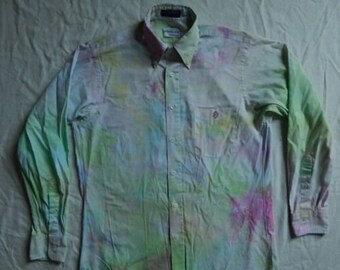 Tie Dye White Rainbow Long Sleeve Button Up Shirt - Medium Mens Hand Made