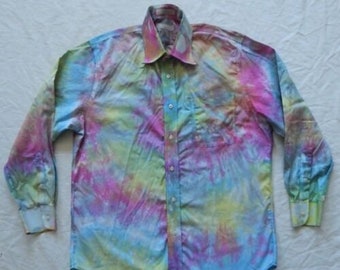 Tie Dye Blue Pink Rainbow Long Sleeve Button Up Shirt - Medium Mens Hand Made