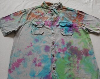 Tie Dye Purple Rainbow Short Sleeve Button Down Shirt - XL Mens Hand Made Abstract