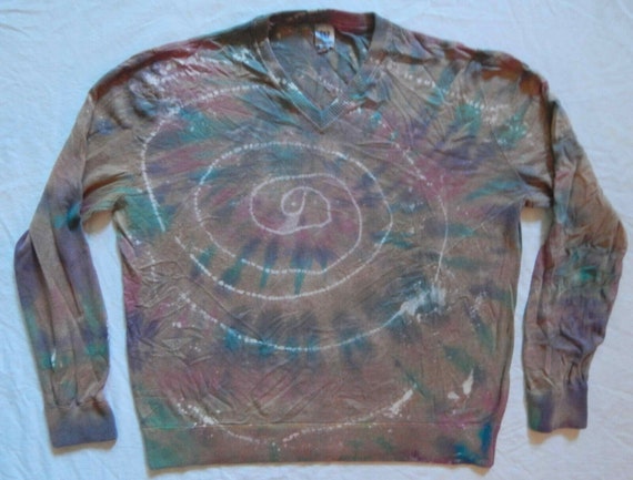 Spiral Blue Brown Pink Bleach Tie Dye V Neck Sweater Xxl Etsy