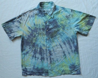 Tie Dye Black Blue Yellow Short Sleeve Button Up Shirt - Medium Mens Hand Made