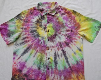 Tie Dye Purple Yellow Black Short Sleeve Button Up Shirt - XL Mens Hand Made