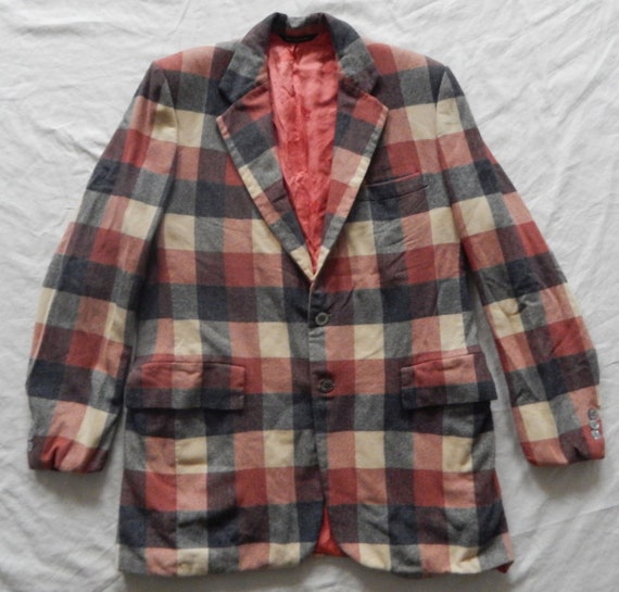 Cashmere Red Black Plaid Suit Coat Blazer Jacket … - image 1