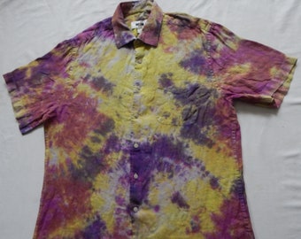 Linen Tie Dye Purple Yellow Short Sleeve Button Up Shirt - Large Mens Hand Made