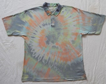 Tie Dye Orange Schwarz Grün Kurzarm Poloshirt - 2XL Herren Baumwolle Handgemacht