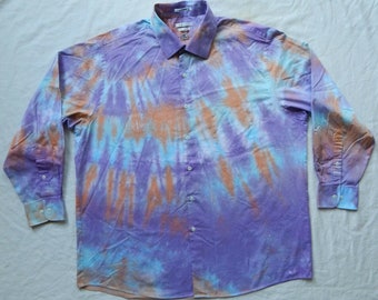 Tie Dye Purple Orange Long Sleeve Button Up Shirt - XL Mens Hand Made 17 Psychedelic