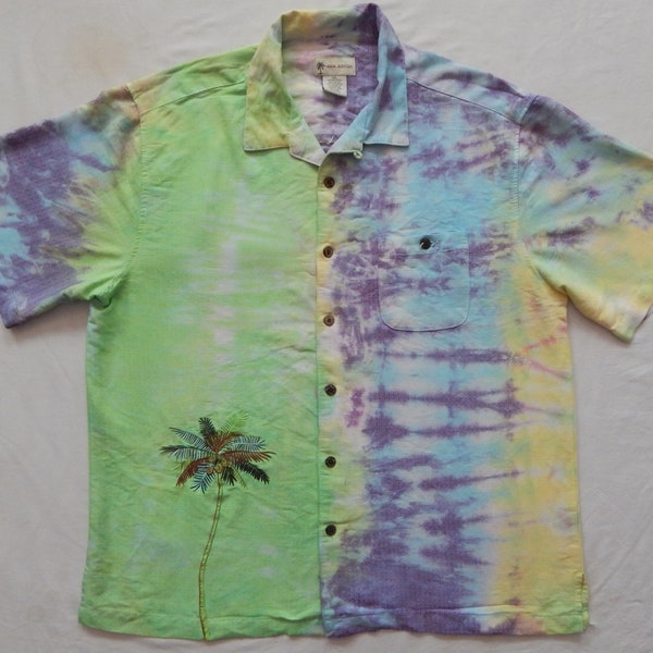 Tie Dye Purple Green Striped Palm Trees Short Sleeve Button Up Shirt - 2XL Mens Hand Made XXL