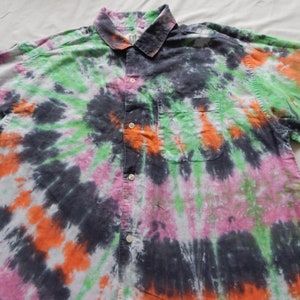 Black Pink Rainbow Tie Dye Short Sleeve Button Down Shirt - Large Mens Linen Hand Made