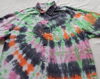 Black Pink Rainbow Tie Dye Short Sleeve Button Down Shirt - Large Mens Linen Hand Made