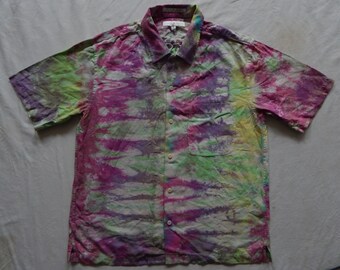 Silk Tie Dye Green Pink Purple Short Sleeve Button Up Shirt Small Mens Hand Made