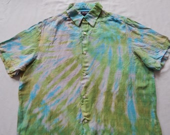 Tie Dye Green Blue Short Sleeve Button Up Shirt - XL Mens Spiral Hand Made Linen