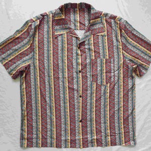 Geometric Striped Red Short Sleeve Button Up Shirt - 3XL Mens Polyester Vintage