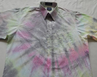 Tie Dye Black Green Purple Pink Short Sleeve Button Down Shirt - Large Mens Hand Made