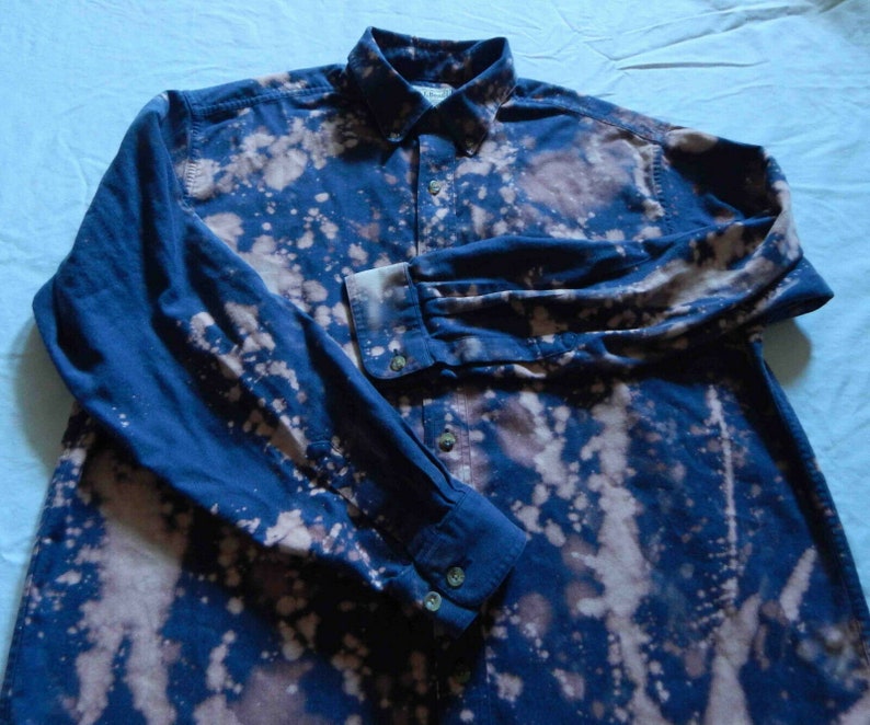 Bleach Tie Dye Blue Long Sleeve Button Down Shirt Bean Hand Made Psychedelic Large Mens L.L