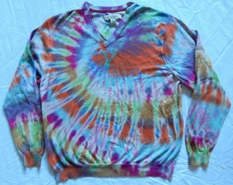 Tie Dye Purple Orange Rainbow Spiral V-Neck Sweater - Large Mens Cotton Hand Made Psychedelic