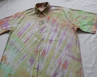 Tie Dye Striped Green Purple Short Sleeve Button Down Shirt - XLT Mens XL Tall