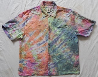 Silk Art Tie Dye Pink Rainbow Short Sleeve Button Up Shirt - XL Mens Hand Made