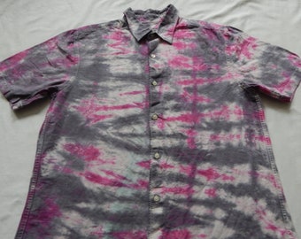 Tie Dye Black Pink Striped Short Sleeve Button Up Shirt - Large Mens Linen Hand Made