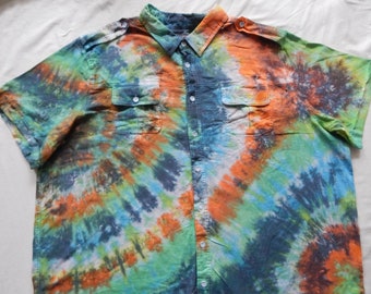 Tie Dye Blue Orange Short Sleeve Button Up Shirt - 4XL Big Mens Hand Made 4XB